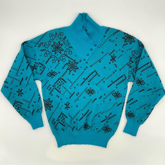 Vintage Sweater Abstract Snowflake Buttoned Turtleneck Women Size‎ Medium Blue - Picture 1 of 13